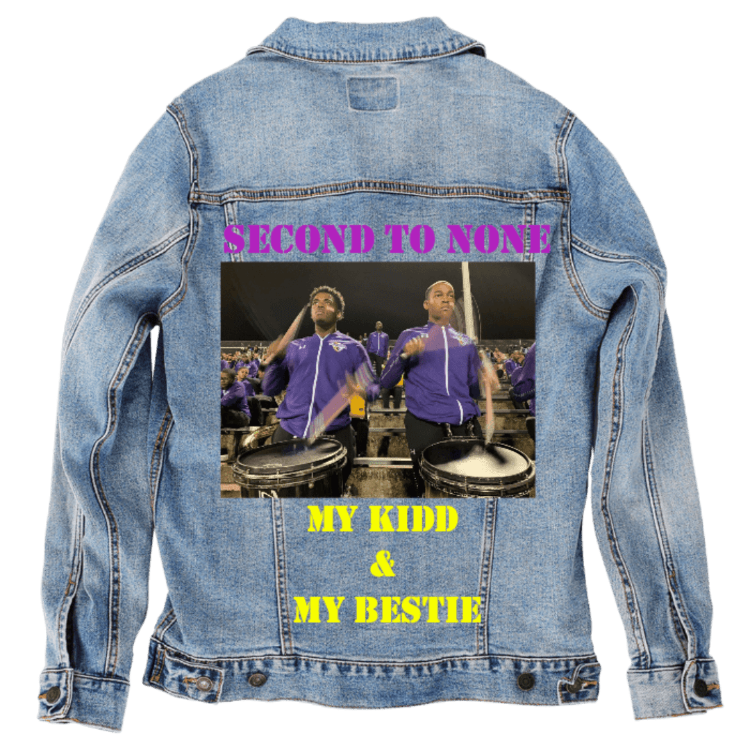 Custom Denim Jacket – Customer Designed – “SECOND TO NONE / MY KIDD & MY BESTIE” Drumline Photo Back Art – 3 Color Choices (hand - crafted) | 1019 custom denim jacket by DenimINK