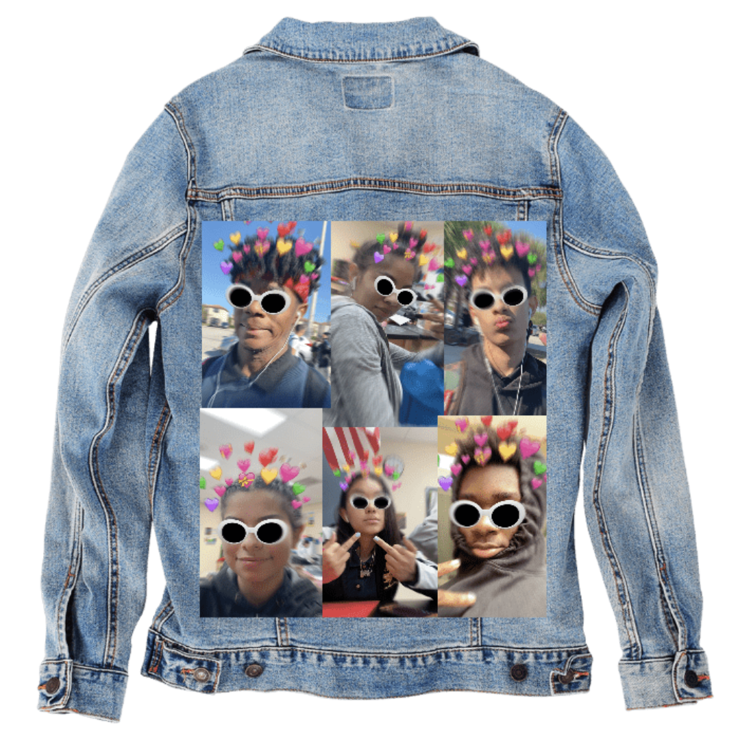 Customer designed custom denim jacket (M stonewash) featuring a playful six-photo collage printed on the back, each image showing different people using colorful digital filters that add white sunglasses, floating hearts, or crown-like effects. The mix of candid poses and bright augmented-reality embellishments creates a fun, expressive visual montage that stands out against the soft, faded blue denim, printed on denim jacket by DenimINK.