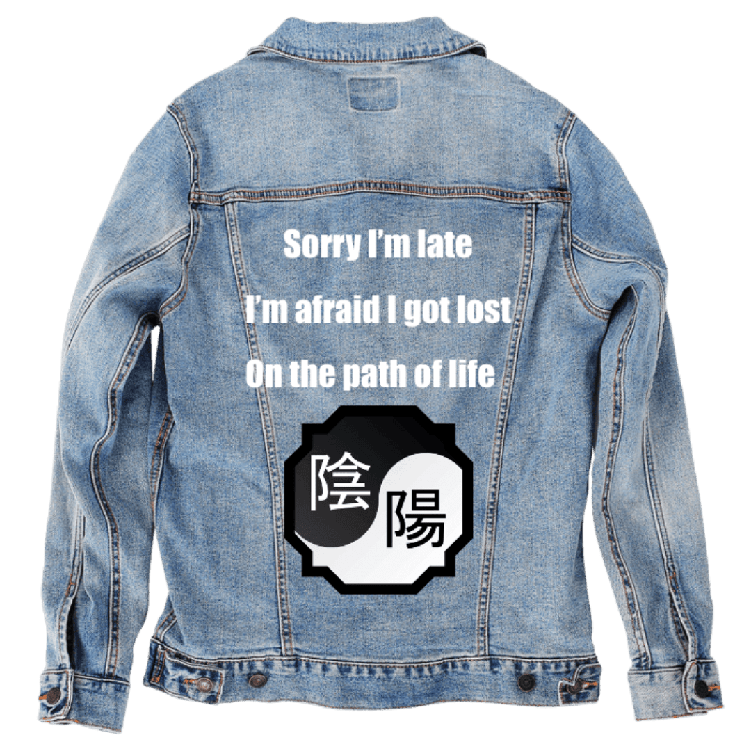 Custom Denim Jacket – Customer Designed – “Sorry I’m Late” Poem Text and Yin - Yang Symbol Back Art – 3 Color Choices (hand - crafted) custom denim jacket by DenimINK