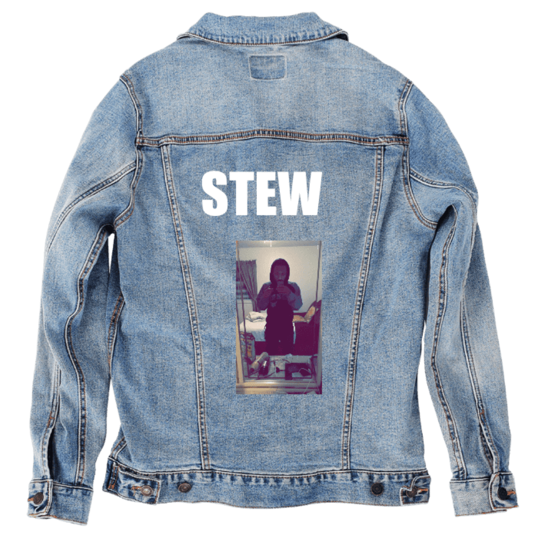 Custom Denim Jacket – Customer Designed – “STEW” White Text and Mirror Selfie Photo Back Art – 3 Color Choices (hand - crafted) custom denim jacket by DenimINK