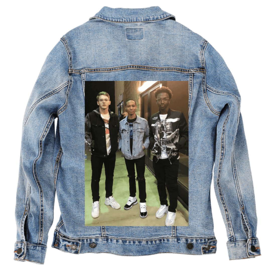 Custom Denim Jacket – Customer Designed – Three - Person Nighttime Outdoor Portrait with Warm Wall Lighting Back Art – 3 Color Choices (hand - crafted) custom denim jacket by DenimINK