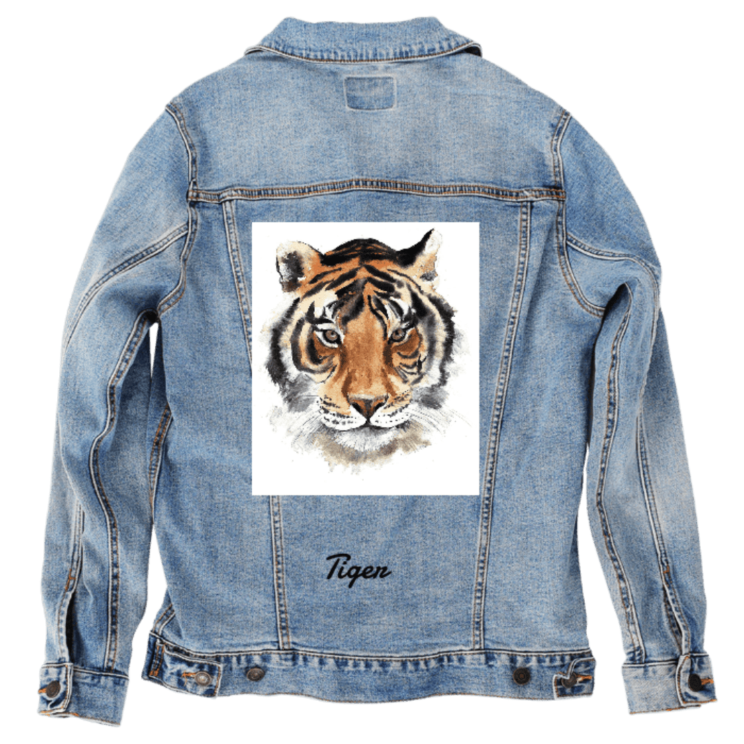 Custom Denim Jacket – Customer Designed - Watercolor Tiger Portrait Back Art - 3 Color Choices (hand - crafted) custom denim jacket by DenimINK