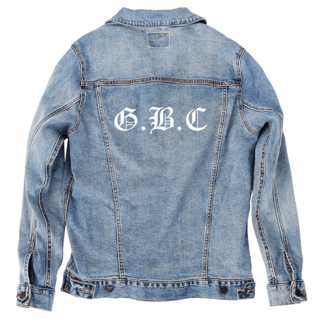 Custom Denim Jacket – White Gothic “G.B.C” Lettering Back Art – Customer Designed (hand - crafted) – 3 Color Choices custom denim jacket by DenimINK