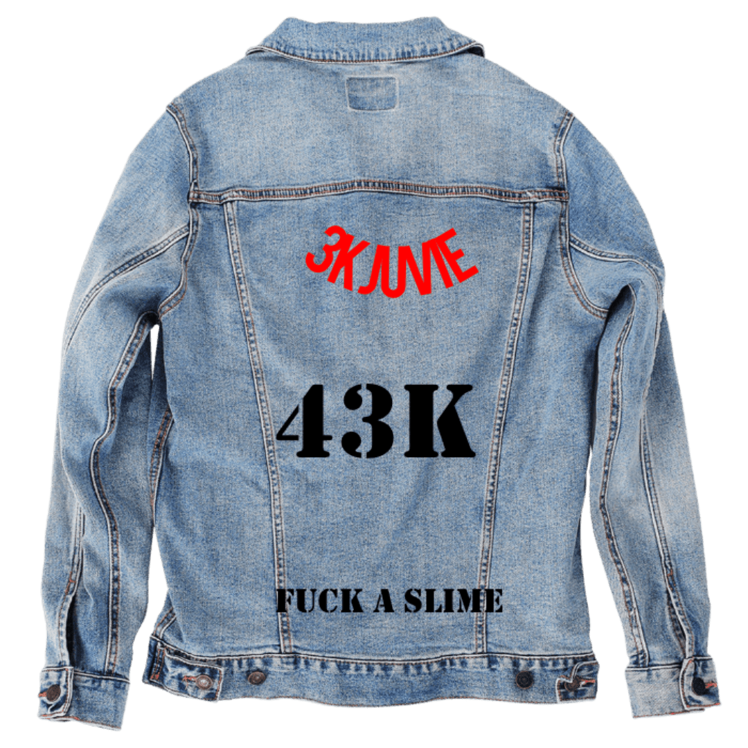 Custom Denim Jacket – Customer Designed – “3KJUVIE / 43K / F*CK A SLIME” Text Back Art – 3 Color Choices (hand - crafted) custom denim jacket by DenimINK