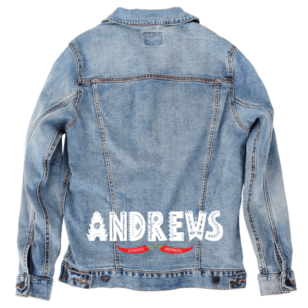 Custom Denim Jacket – Customer Designed – “ANDREWS” Distressed White Text with Red Sashito Peppers Banner Back Art – 3 Color Choices (hand - crafted) custom denim jacket by DenimINK
