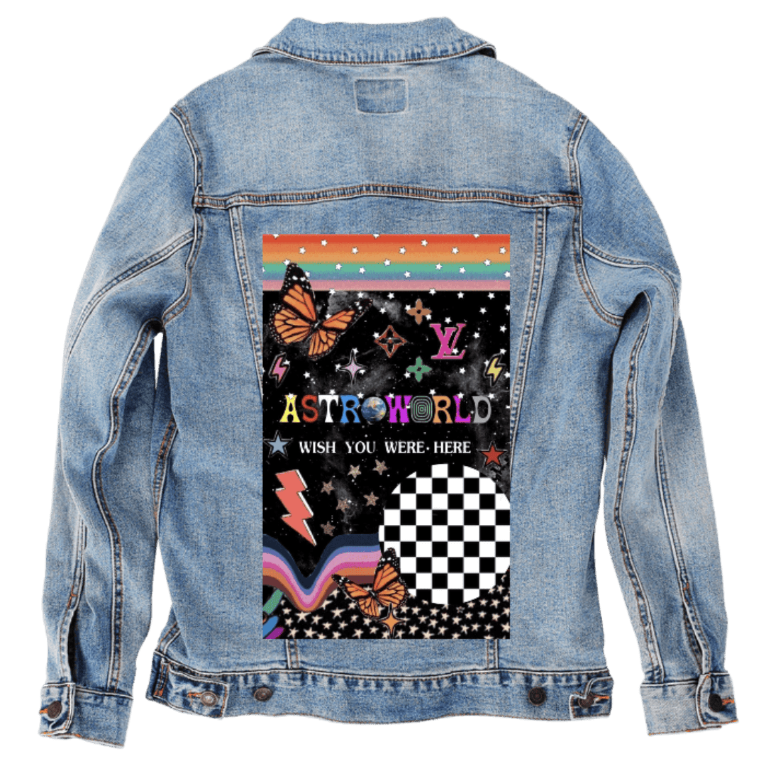 Custom Denim Jacket – Customer Designed – Psychedelic “ASTROWORLD / Wish You Were Here” Galaxy Collage with Butterflies, Rainbows &amp; Checker Sphere Back Art – 3 Color Choices (hand - crafted) custom denim jacket by DenimINK