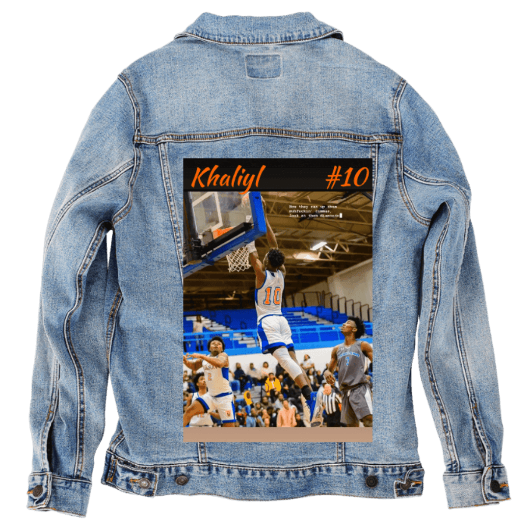 Custom Denim Jacket – Basketball Dunk Action Photo with “Khaliyl 10” Back Art – Customer Designed (hand - crafted) – 3 Color Choices custom denim jacket by DenimINK
