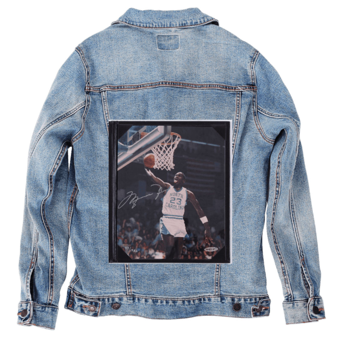 Custom Denim Jacket – Basketball Player Leaping for Dunk Under Arena Lights Autographed Photo – Customer Designed (hand - crafted) – 3 Color Choices custom denim jacket by DenimINK