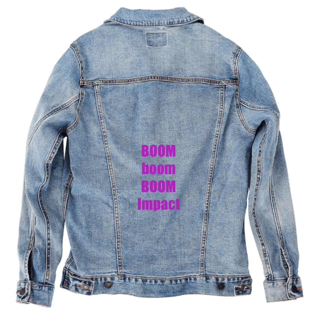 Custom Denim Jacket – Customer Designed – “BOOM / boom / BOOM / Impact” Stacked Purple Text Back Art – 3 Color Choices (hand - crafted) custom denim jacket by DenimINK