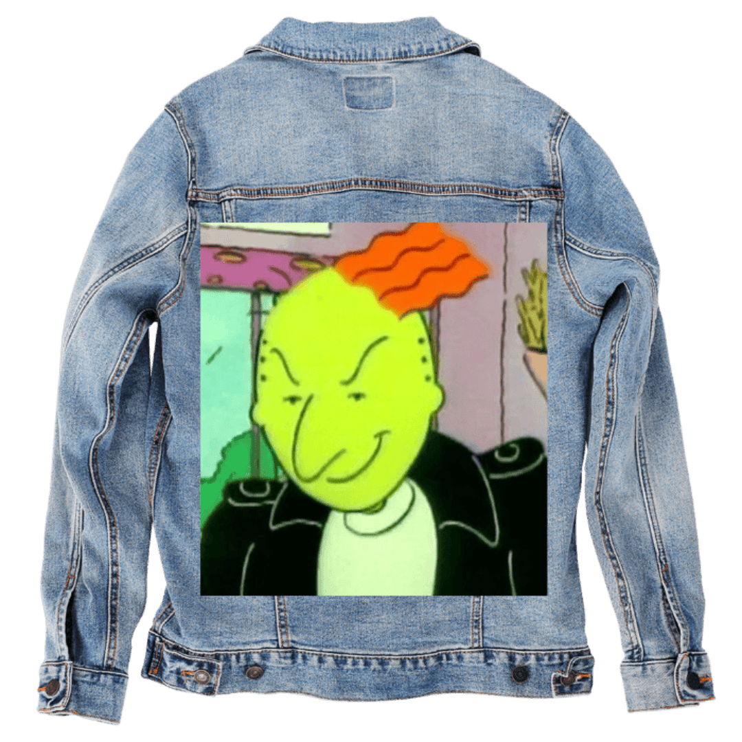 Custom Denim Jacket – Cartoon Character Portrait with Leather Jacket Back Art – Customer Designed (hand - crafted) – 3 Color Choices custom denim jacket by DenimINK