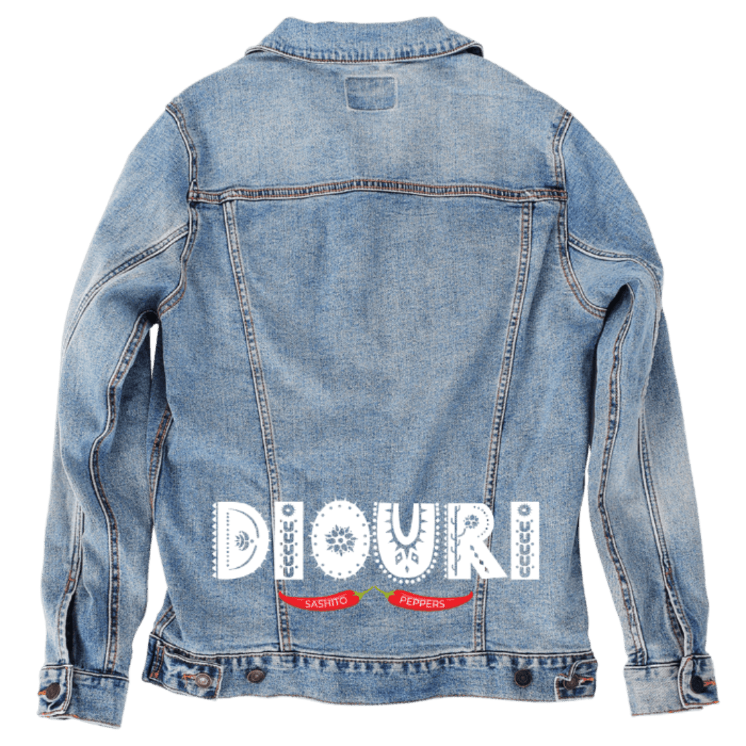 Custom Denim Jacket – Customer Designed – “DIOURI” Distressed White Text with Red Sashito Peppers Banner Back Art – 3 Color Choices (hand - crafted custom denim jacket by DenimINK