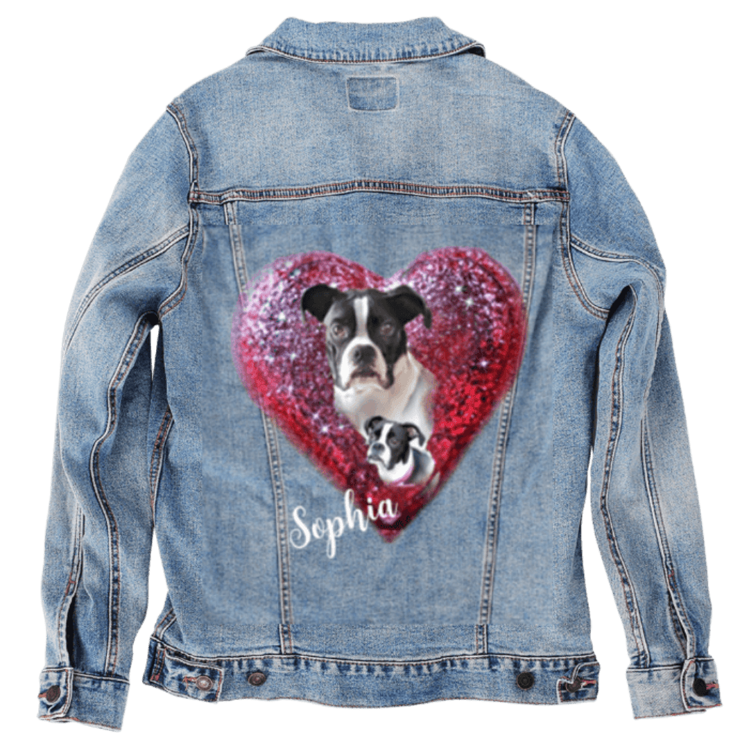 Custom Denim Jacket – Customer Designed – Dog Portraits in Red Glitter Heart with “Sophia” Text Back Art – 3 Color Choices (hand - crafted) custom denim jacket by DenimINK