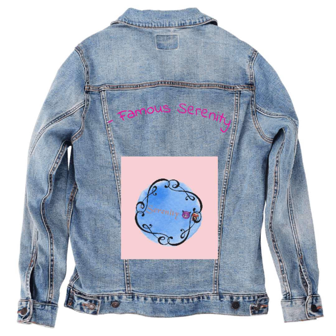 Custom Denim Jacket – Customer Designed – “Famous Serenity” Pink Script with Blue Watercolor Circle &amp; Black Scroll Frame Back Art – 3 Color Choices (hand - crafted) custom denim jacket by DenimINK