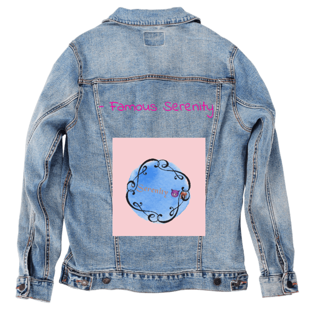 Custom Denim Jacket – Customer Designed – “Famous Serenity” Pink Script with Blue Watercolor Circle, Scroll Frame, Purple Bear &amp; Pink Heart Emoticons Back Art – 3 Color Choices (hand - crafted) custom denim jacket by DenimINK