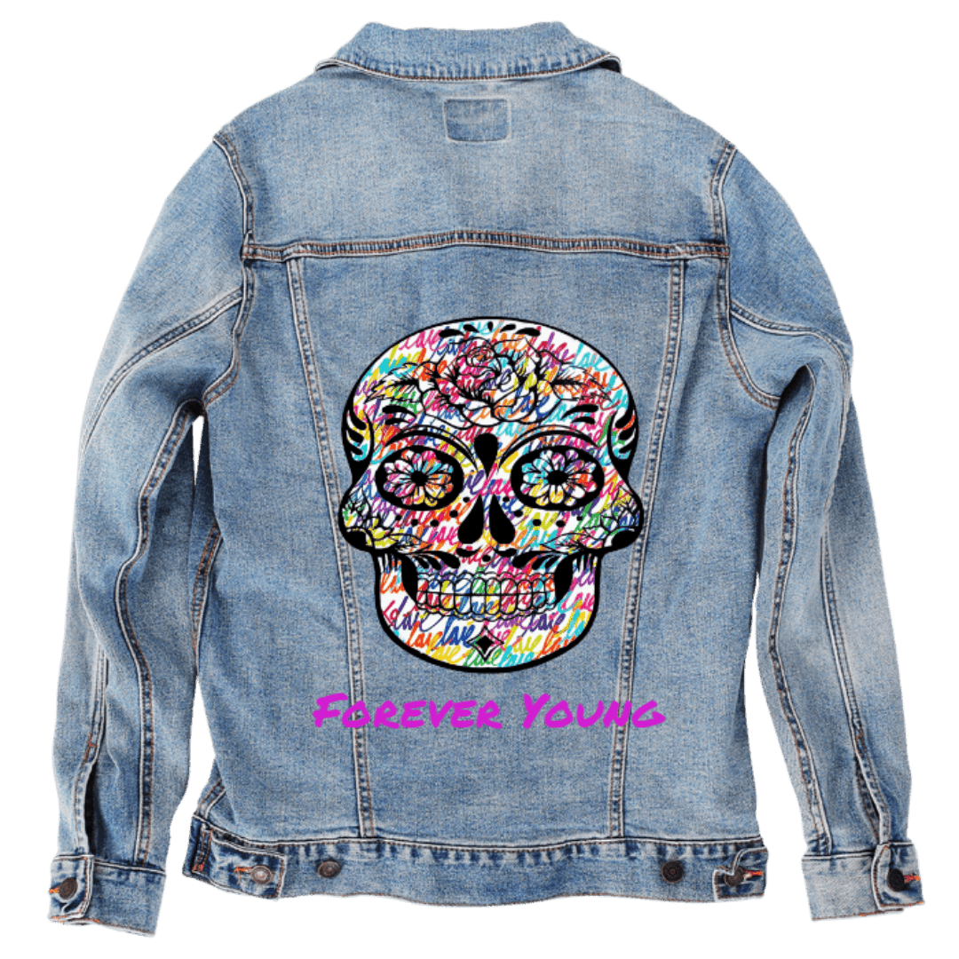 Custom Denim Jacket – Customer Designed – “Forever Young” Graffiti Sugar Skull Back Art – 3 Color Choices (hand - crafted) custom denim jacket by DenimINK
