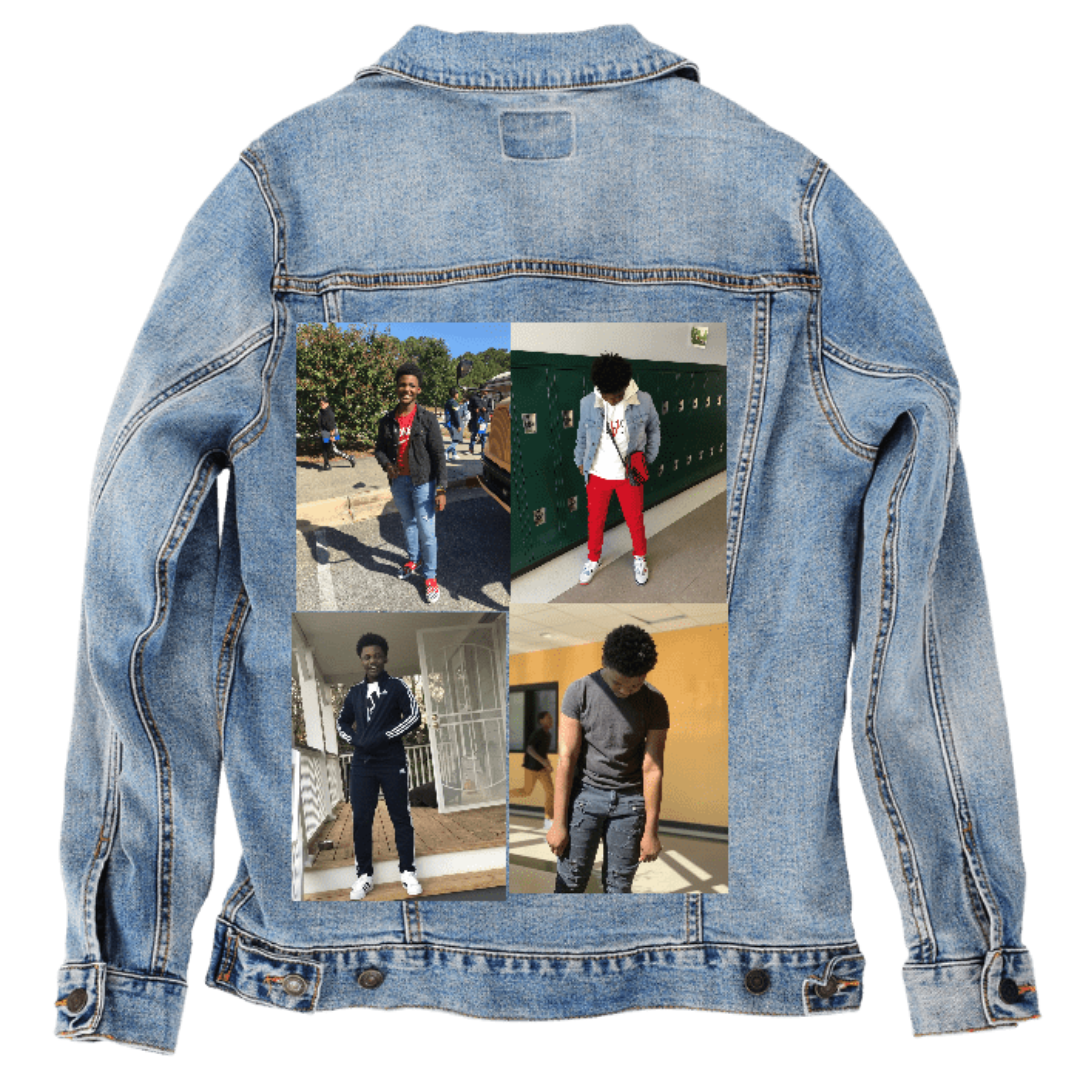 Customer designed custom denim jacket (S stonewash) featuring a four-photo collage printed on the back, each showing a young man in different casual outfits. One image shows him outdoors on a sunny day, another beside green school lockers in red pants and a denim jacket, a third on a porch wearing a navy tracksuit, and the fourth in warm indoor lighting wearing a gray shirt. The mix of lighting, colors, and settings creates a lively, expressive collage against the stonewash denim, printed by DenimINK