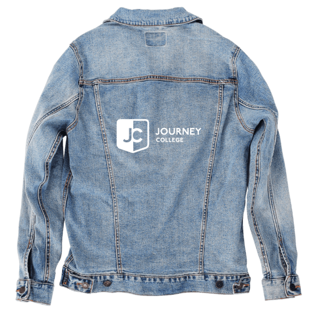Custom Denim Jacket – Customer Designed – Journey College Logo Graphic Back Art – 3 Color Choices (hand - crafted) custom denim jacket by DenimINK