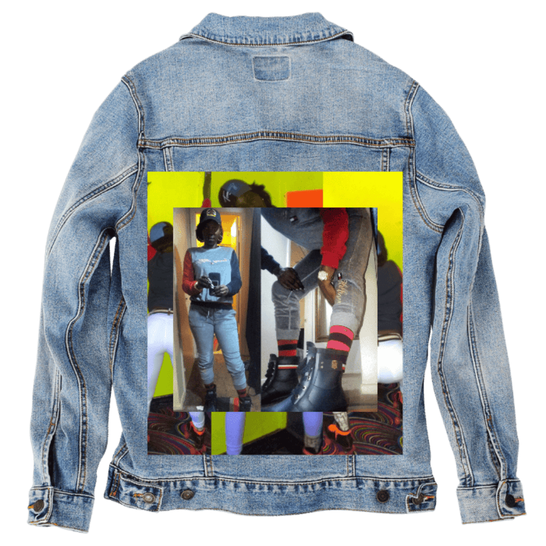 Custom Denim Jacket – Customer Designed – Neon Yellow Layered Collage with Full - Body Streetwear Outfit & Close - Up Boot Detail Back Art – 3 Color Choices (hand - crafted) custom denim jacket by DenimINK
