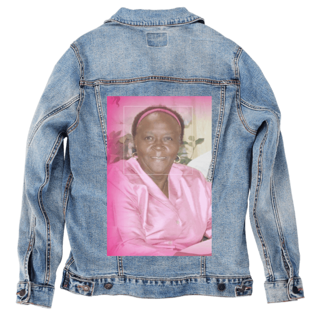 Custom Denim Jacket – Memorial Portrait with Pink Glow Background &amp; Soft Frame Back Art – Customer Designed (hand - crafted) – 3 Color Choices custom denim jacket by DenimINK