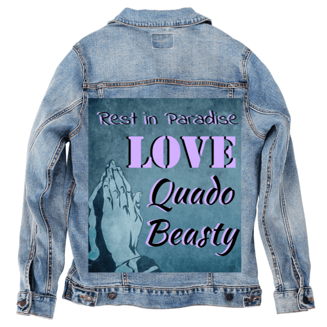 Custom Denim Jacket – Customer Designed – “Rest in Paradise / LOVE / Quado Beasty” Memorial Text with Shaded Blue Praying Hands Back Art – 3 Color Choices (hand - crafted) custom denim jacket by DenimINK