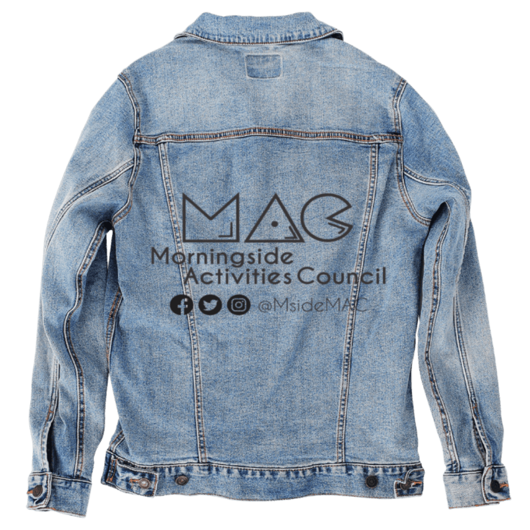 Custom Denim Jacket – Morningside Activities Council Logo with Social Icons & @MsideMAC Back Art – Customer Designed (hand - crafted) – 3 Color Choices custom denim jacket by DenimINK