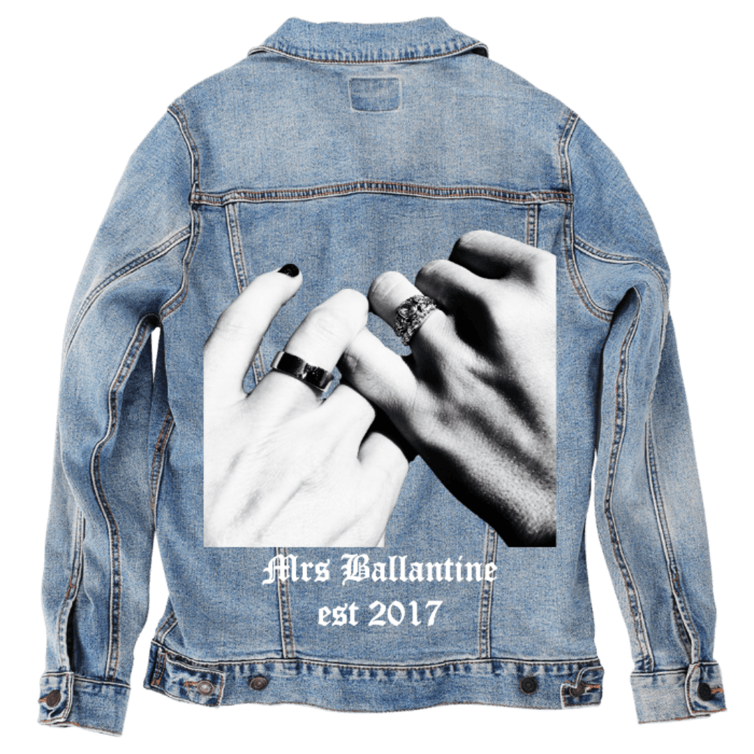 Custom Denim Jacket – Customer Designed – “Mrs Ballantine est 2017” Intertwined Hands Photo Back Art – 3 Color Choices (hand - crafted) | 1018 custom denim jacket by DenimINK