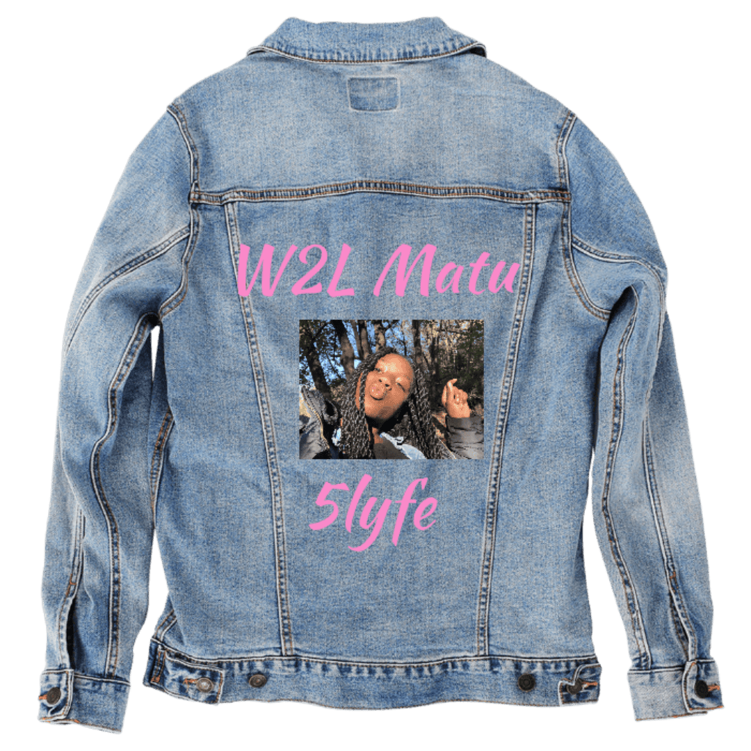 Custom Denim Jacket – Outdoor Selfie Portrait with Pink “W2L Matu” &amp; “5lyfe” Text Back Art – Customer Designed (hand - crafted) – 3 Color Choices custom denim jacket by DenimINK