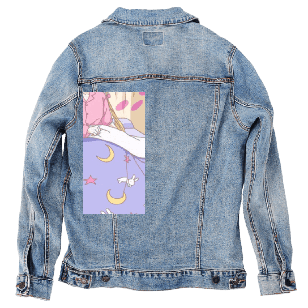 Custom Denim Jacket – Customer Designed – Pastel Anime Sleeping Scene with Moons & Bunnies Back Art – 3 Color Choices (hand - crafted) custom denim jacket by DenimINK