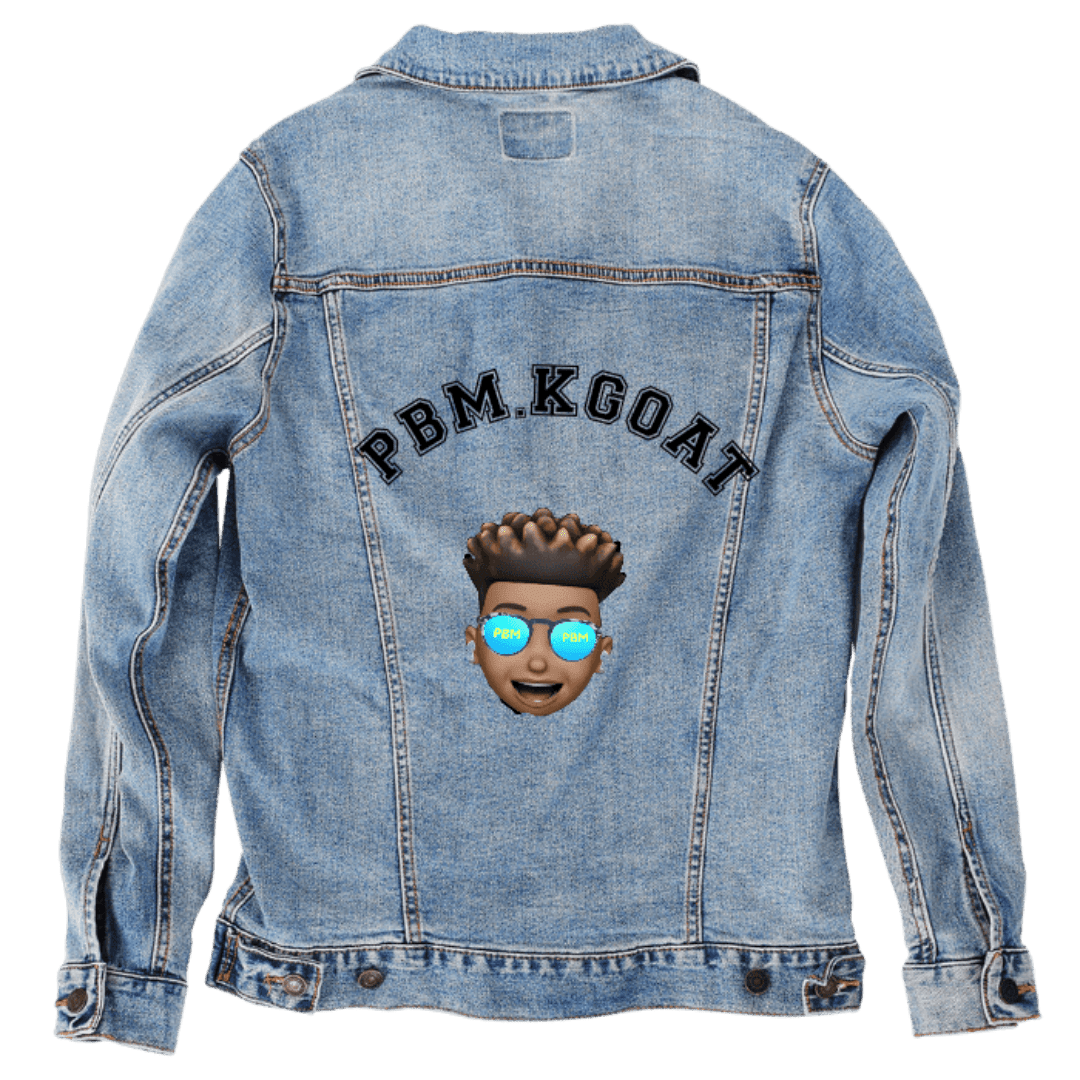 Custom Denim Jacket – “PBM.KGOAT” Arched Text with Cartoon Avatar Emoji Back Art – Customer Designed (hand - crafted) – 3 Color Choices custom denim jacket by DenimINK