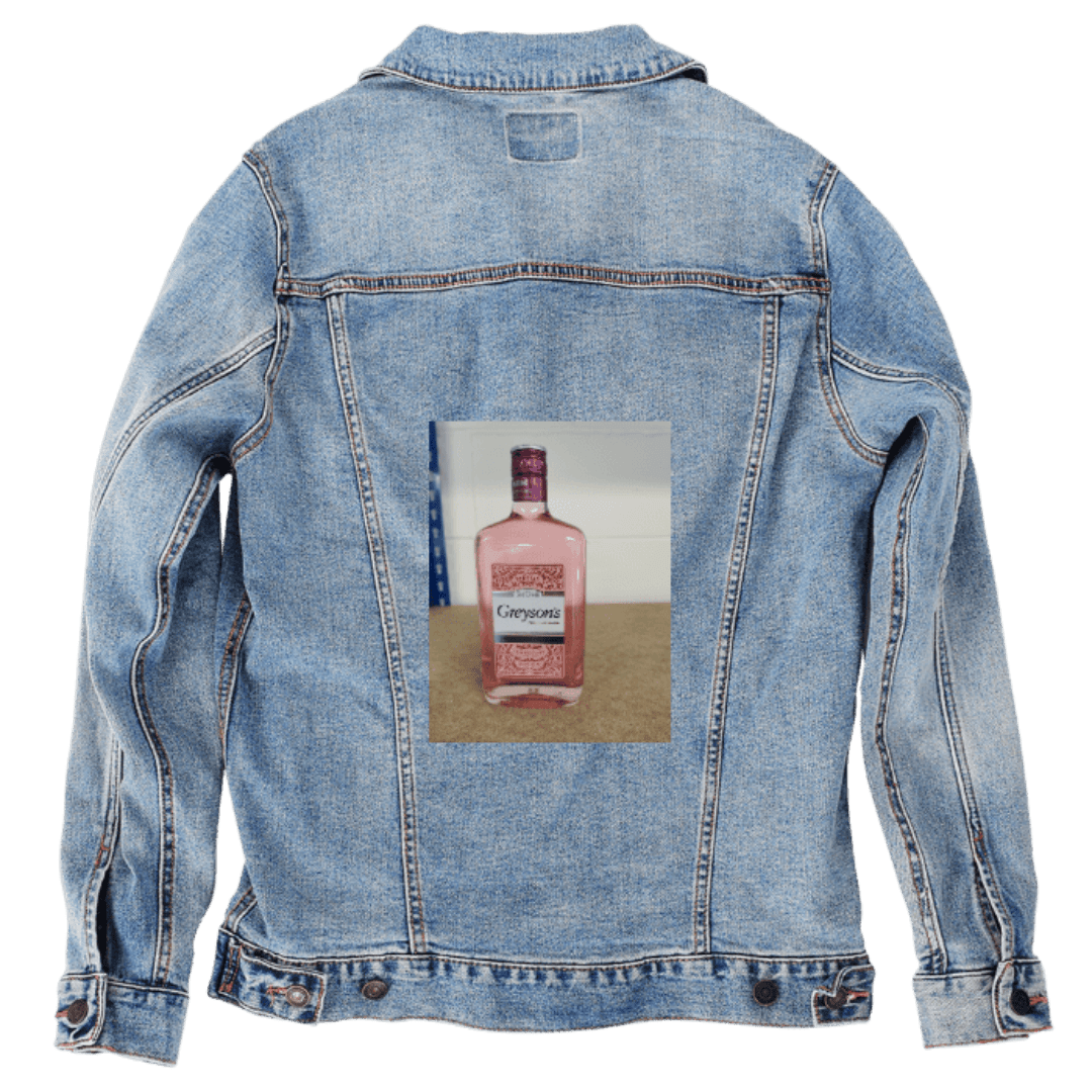 Custom Denim Jacket – Customer Designed – Pink “Greysons” Bottle on Tan Surface with Clean White Background Back Art – 3 Color Choices (hand - crafted) custom denim jacket by DenimINK