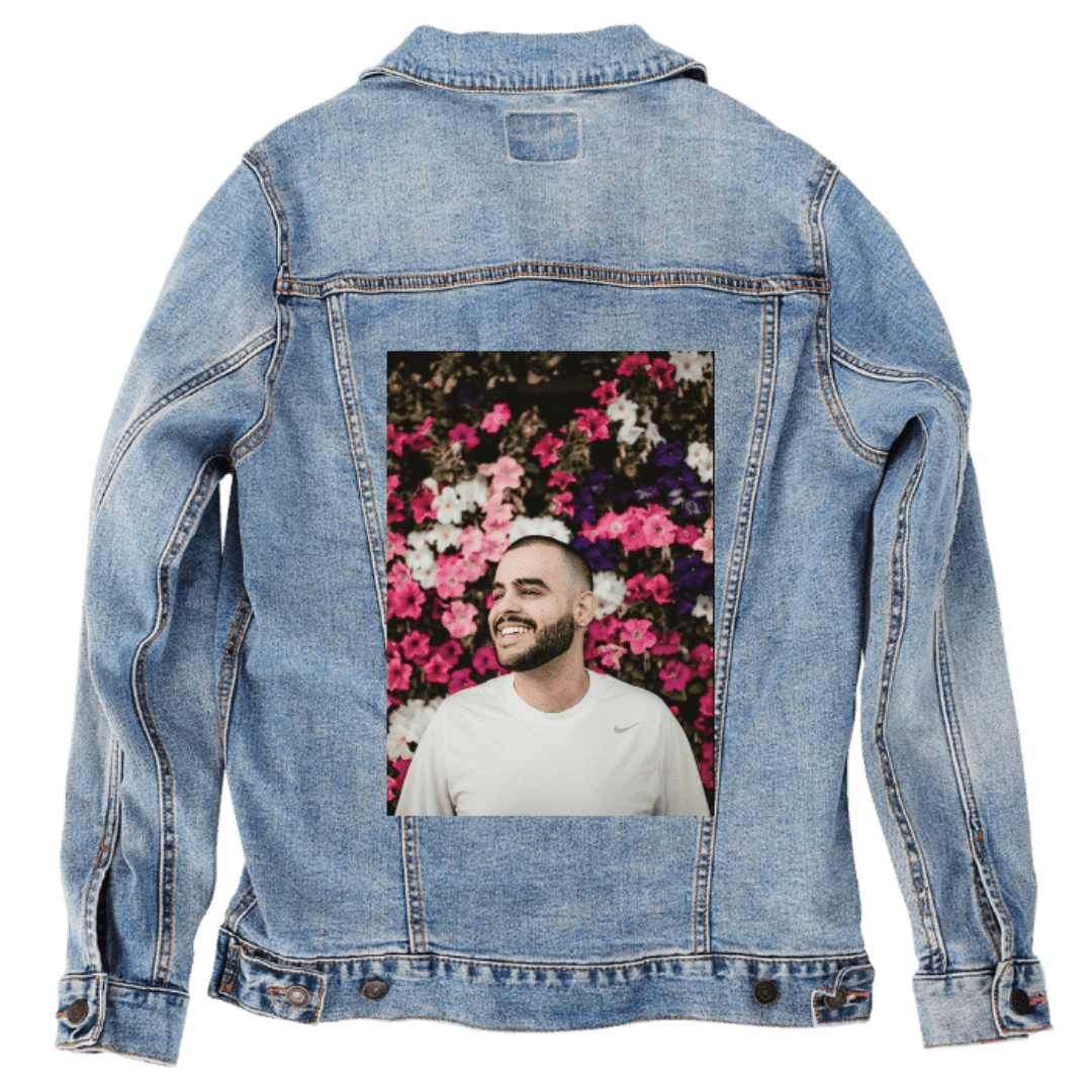 Custom Denim Jacket – Customer Designed – Portrait Against Vibrant Pink - White - Purple Flower Wall Back Art – 3 Color Choices (hand - crafted) custom denim jacket by DenimINK