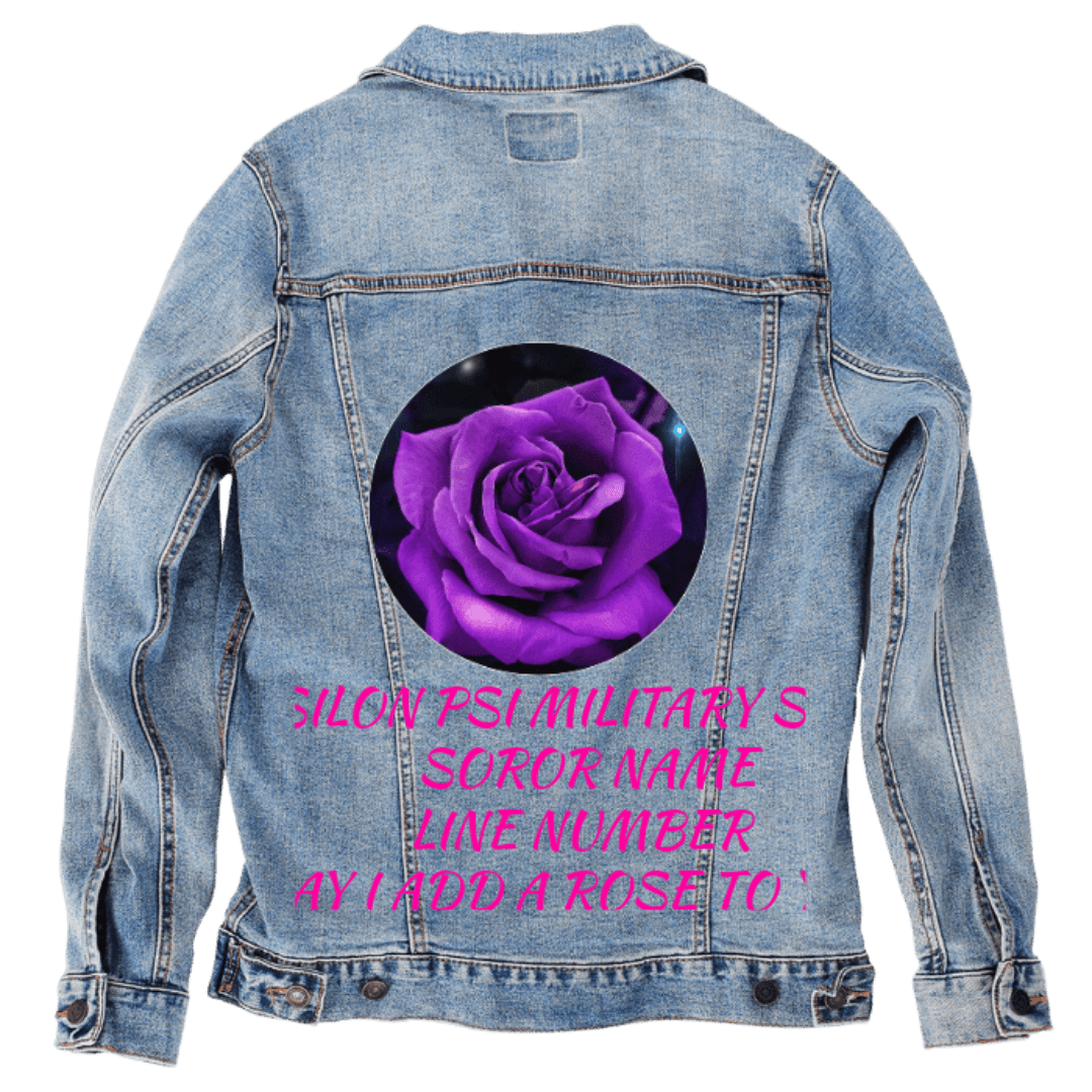 Custom Denim Jacket – Purple Rose Inside Circle with Bold Pink Text Lines – Customer Designed (hand - crafted) – 3 Color Choices custom denim jacket by DenimINK