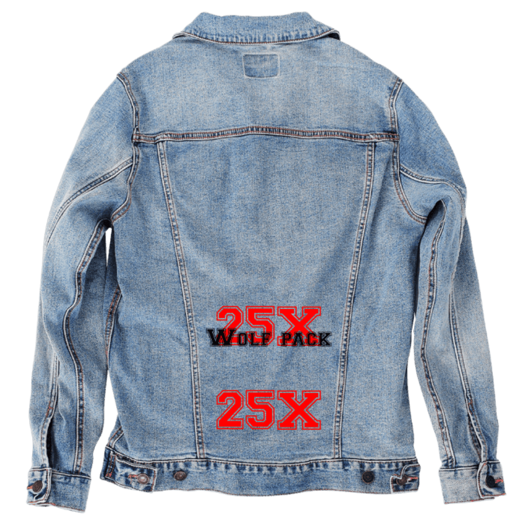 Custom Denim Jacket – Red “25X” Varsity Text with Black “Wolf Pack” Accent Back Art – Customer Designed (hand - crafted) – 3 Color Choices custom denim jacket by DenimINK