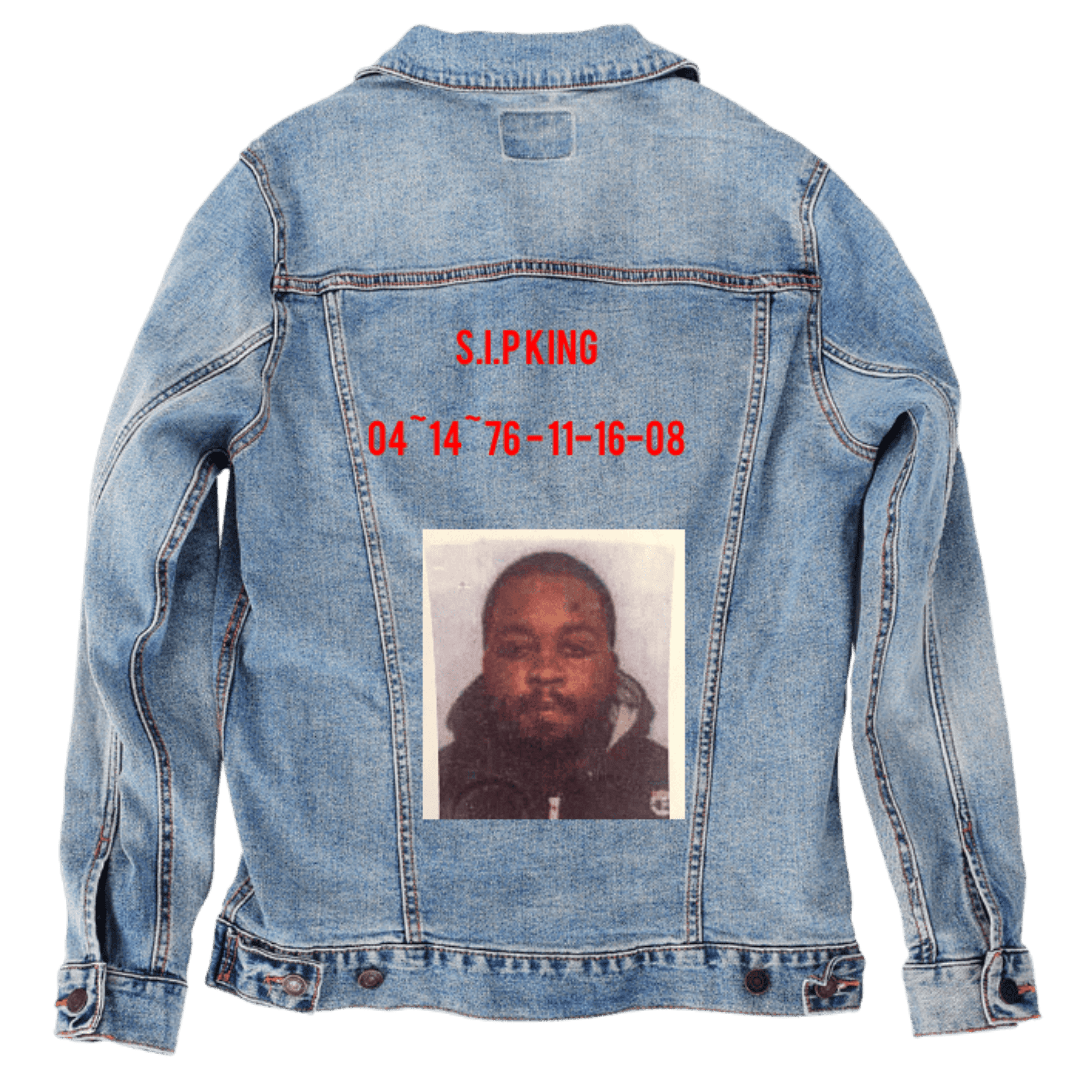 Custom Denim Jacket – Customer Designed – “S.I.P KING” Red Text, Memorial Dates, and Portrait Photo Back Art – 3 Color Choices (hand - crafted) custom denim jacket by DenimINK