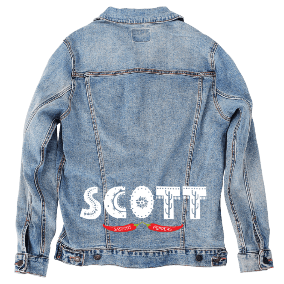 Custom Denim Jacket – Customer Designed – “SCOTT” Distressed White Text with Red Sashito Peppers Banner Back Art – 3 Color Choices (hand - crafted) custom denim jacket by DenimINK