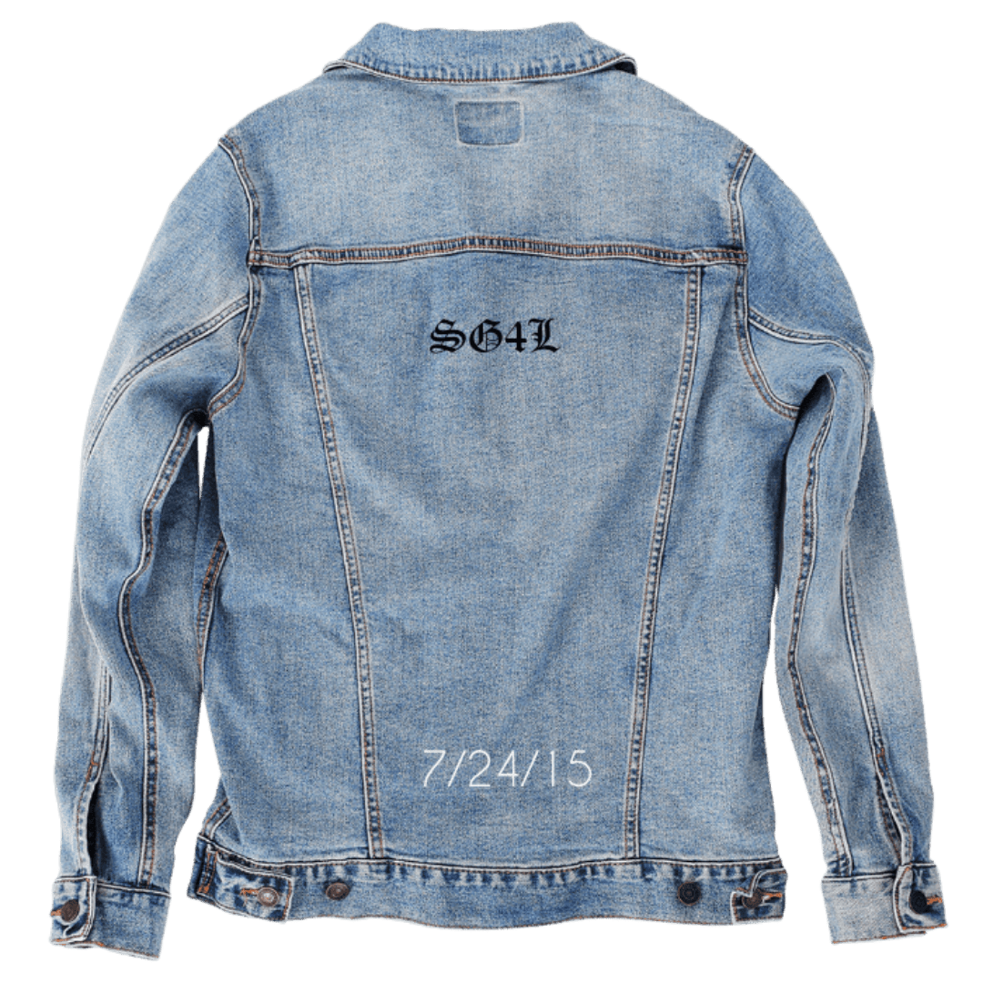 Custom Denim Jacket – Customer Designed – “SG4L” Gothic Text and “7/24/15” Date Back Art – 3 Color Choices (hand - crafted) custom denim jacket by DenimINK