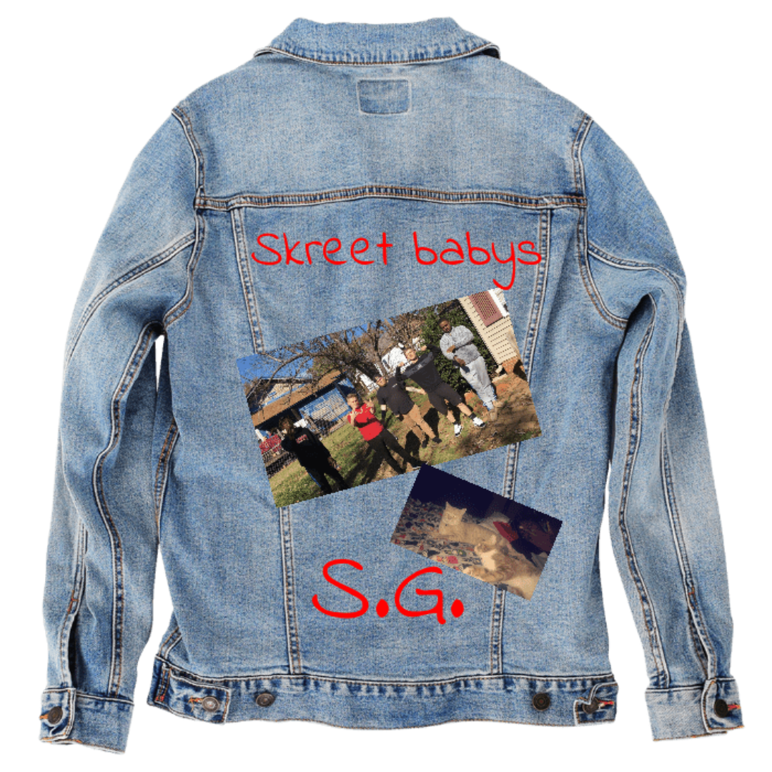 Customer designed custom denim jacket (S stonewash) featuring bold red handwritten-style text reading “Skreet babys” across the upper back, with two printed photos below: one showing a group of people standing outdoors on a sunny day, the other displaying a smaller tilted nighttime photo. At the bottom, red “S.G.” lettering completes the design. The mixed imagery and text create a bold, personal collage effect against the faded blue denim, printed on denim jacket by DenimINK.
