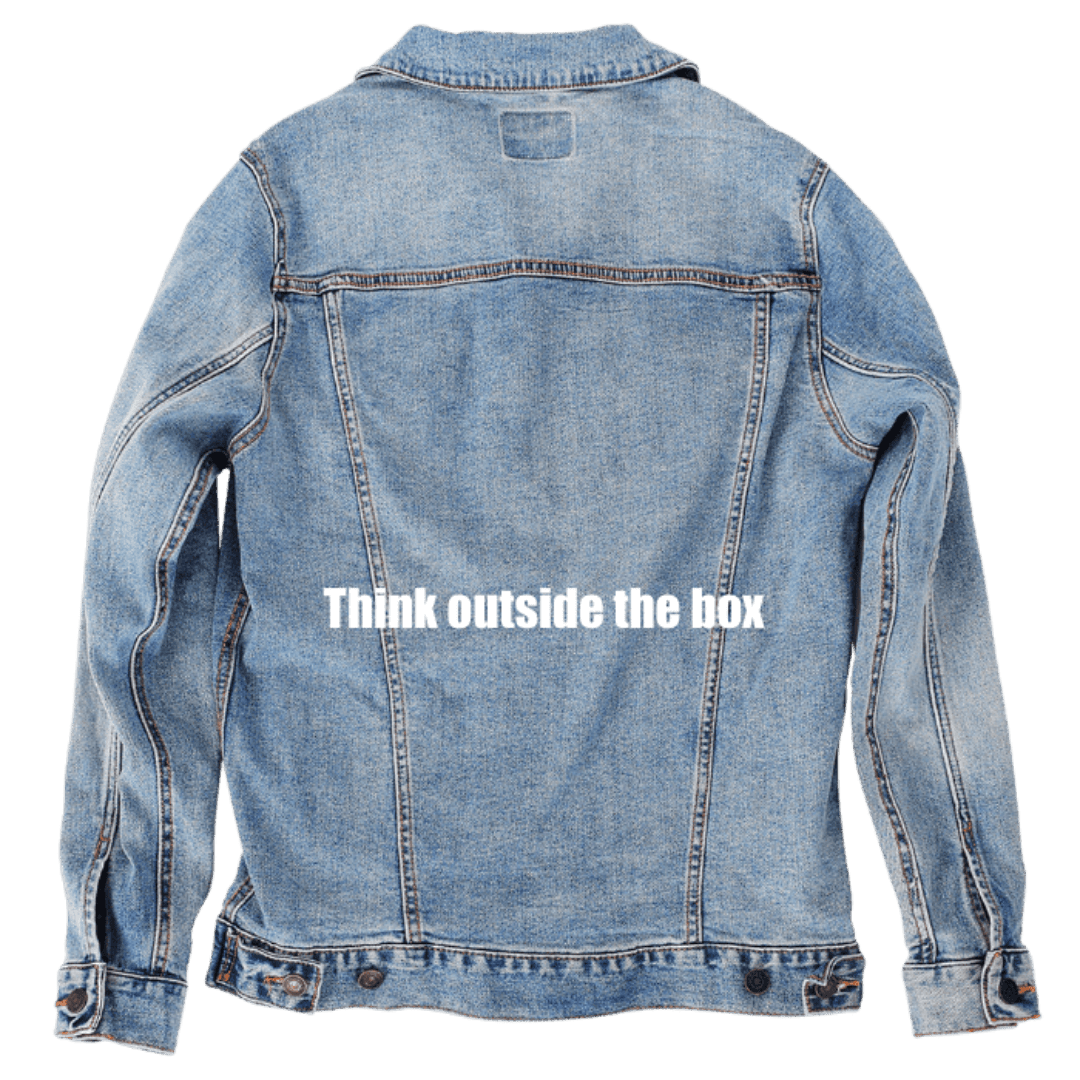 Custom Denim Jacket – Customer Designed – “Think Outside the Box” White Text Back Art – 3 Color Choices (hand - crafted) custom denim jacket by DenimINK