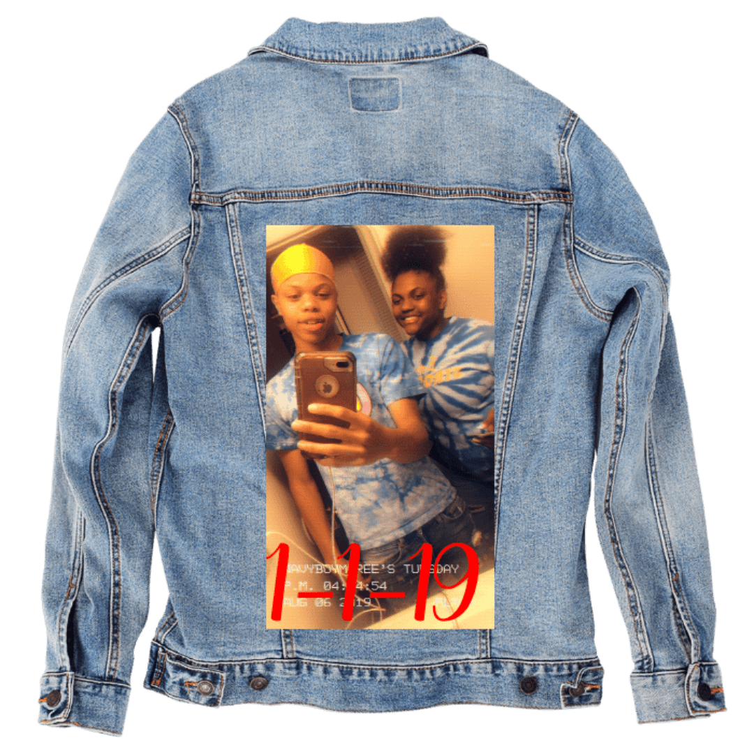 Custom Denim Jacket – Two People in Tie - Dye Shirts Mirror Selfie with Red Date Text – Customer Designed (hand - crafted) – 3 Color Choices custom denim jacket by DenimINK
