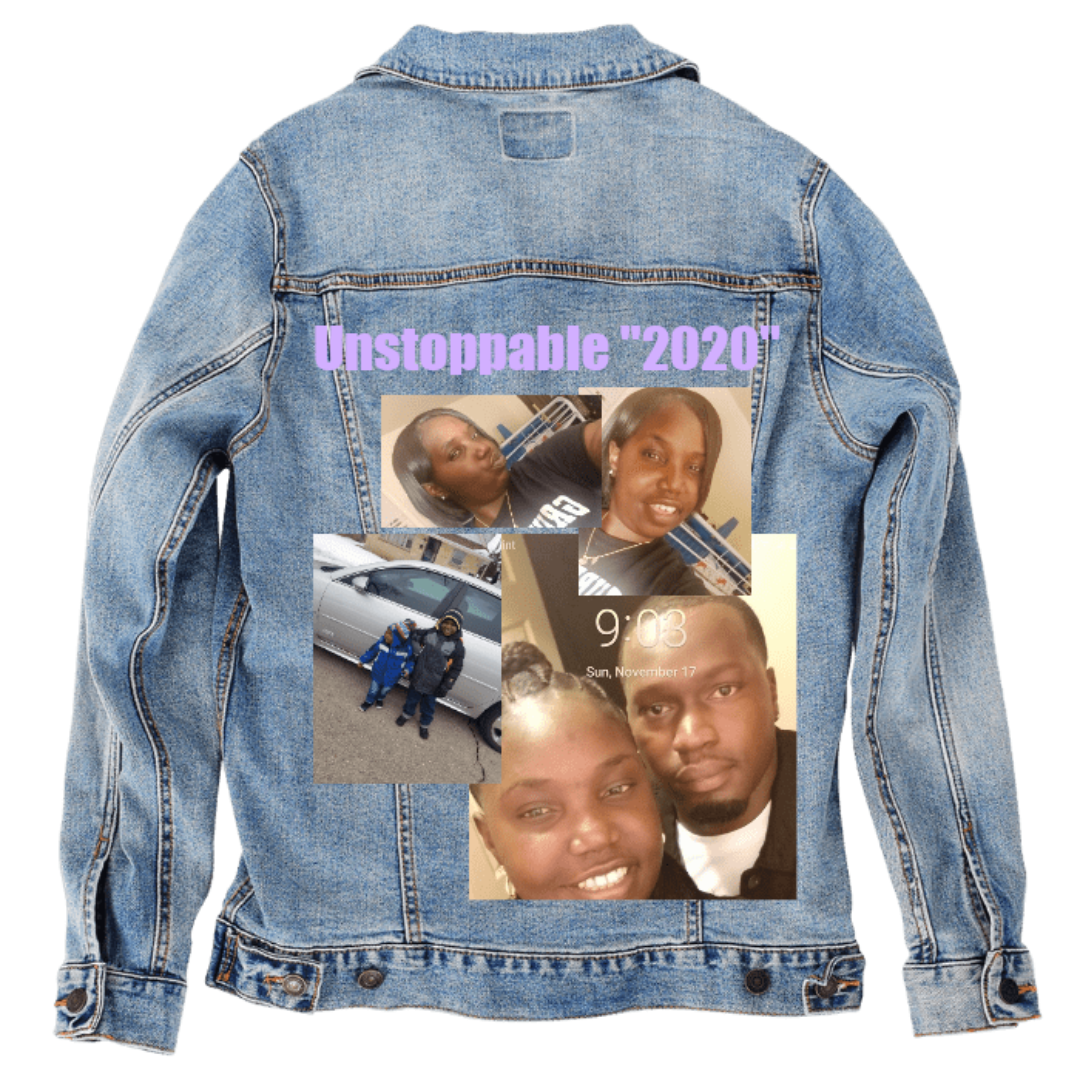 Customer designed custom denim jacket (S stonewash) featuring bold purple lettering across the upper back that reads “Unstoppable ‘2020’,” printed above a multi-photo collage. The collage includes several candid portraits of adults and children, smiling selfies, and an outdoor family photo beside a car. The warm, personal images create a heartfelt memory-themed design that contrasts with the soft, faded blue denim, printed on denim jacket by DenimINK.
