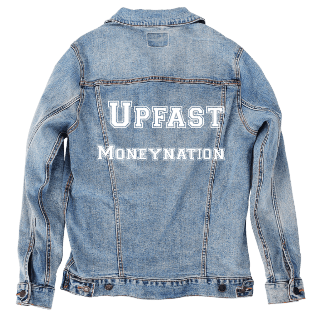 Custom Denim Jacket – Customer Designed – “UPFAST / MONEYNATION” White Varsity Text Back Art – 3 Color Choices (hand - crafted) custom denim jacket by DenimINK