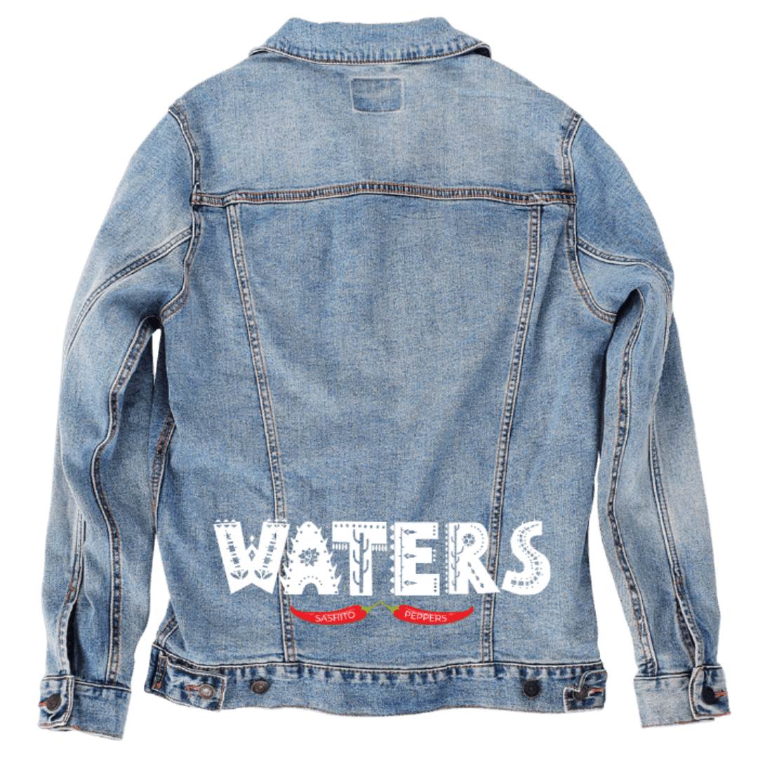 Custom Denim Jacket – Customer Designed – “WATERS” Distressed White Text with Red Sashito Peppers Banner Back Art – 3 Color Choices (hand - crafted) custom denim jacket by DenimINK