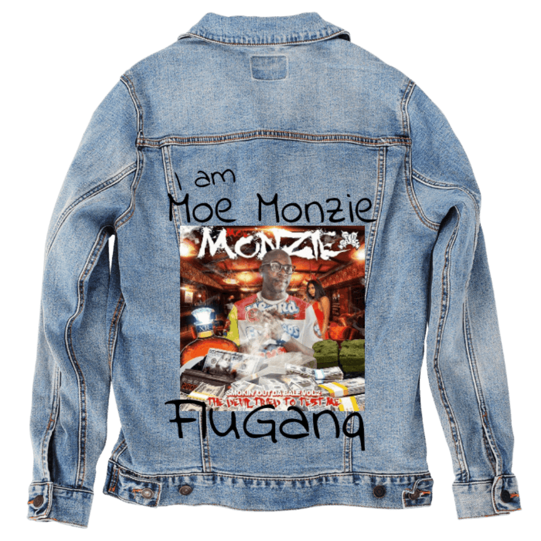 Custom Denim Jacket – Customer Designed – “I AM MOE MONZIE / Fugana” Underground Smoke - Filled Collage Back Art – 3 Color Choices (hand - crafted) custom denim jacket by DenimINK