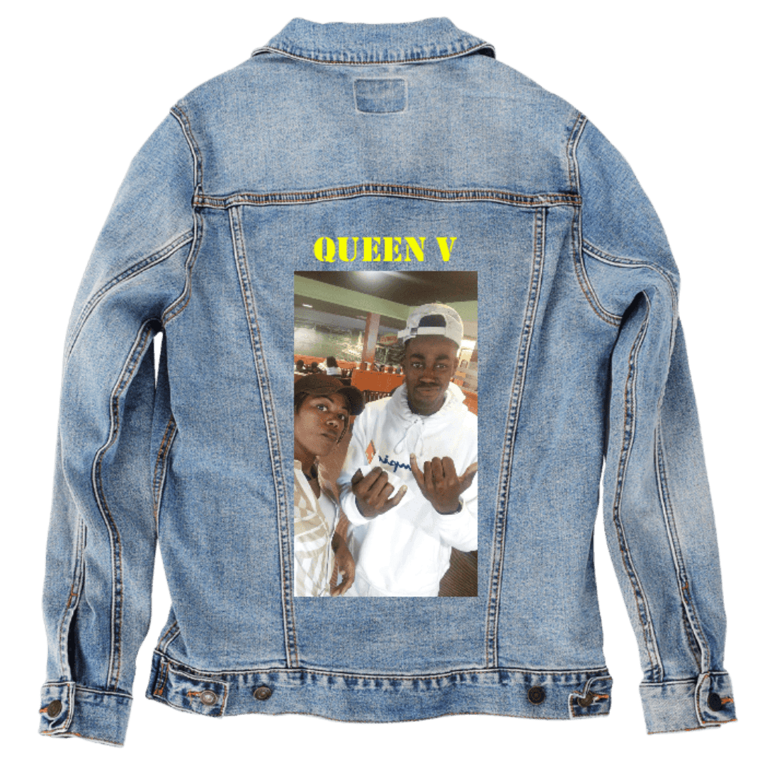 Custom Denim Jacket – Customer Designed – “QUEEN V” Yellow Text with Indoor Two - Person Selfie Back Art – 3 Color Choices (hand - crafted) custom denim jacket by DenimINK