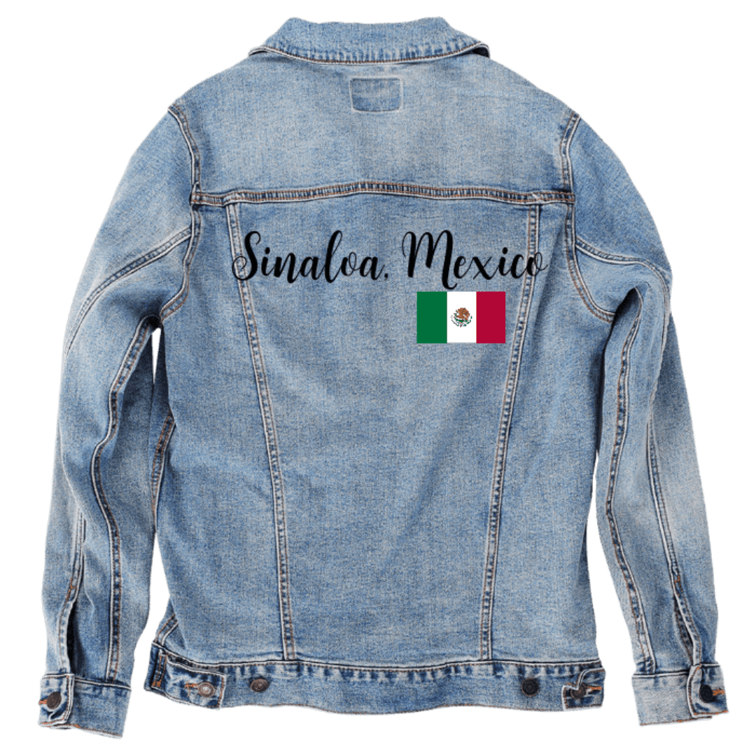 Custom Denim Jacket – Customer Designed – “Sinaloa, Mexico” Script with Vibrant Mexican Flag Back Art – 3 Color Choices (hand - crafted) custom denim jacket by DenimINK