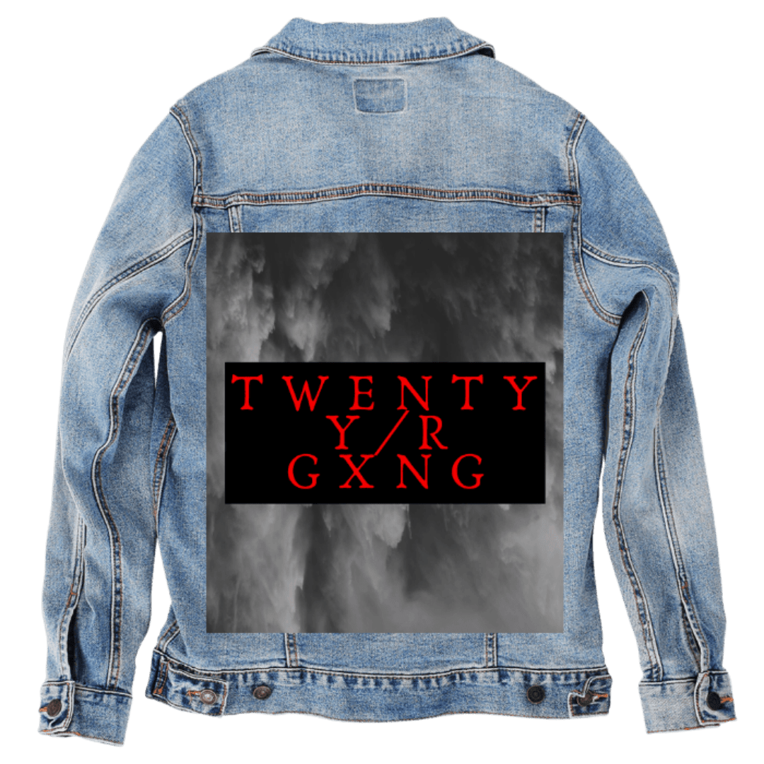 Custom Denim Jacket – Customer Designed – “TWENTY YR GXNG” Red Text on Black Panel with Storm - Cloud Background Back Art – 3 Color Choices (hand - crafted) custom denim jacket by DenimINK