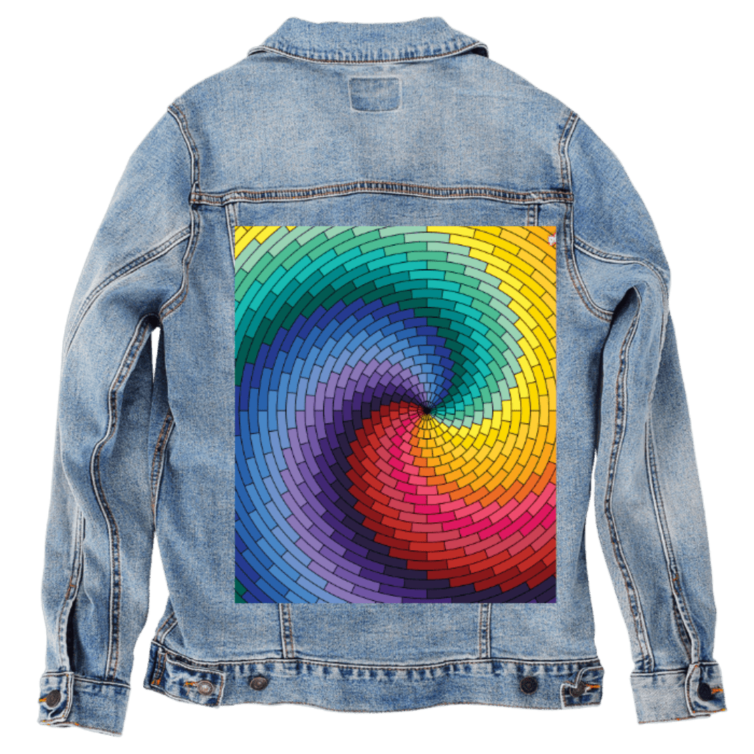 Custom Denim Jacket – Customer Designed – Vibrant Rainbow Spiral Mosaic Design Back Art – 3 Color Choices (hand - crafted) custom denim jacket by DenimINK