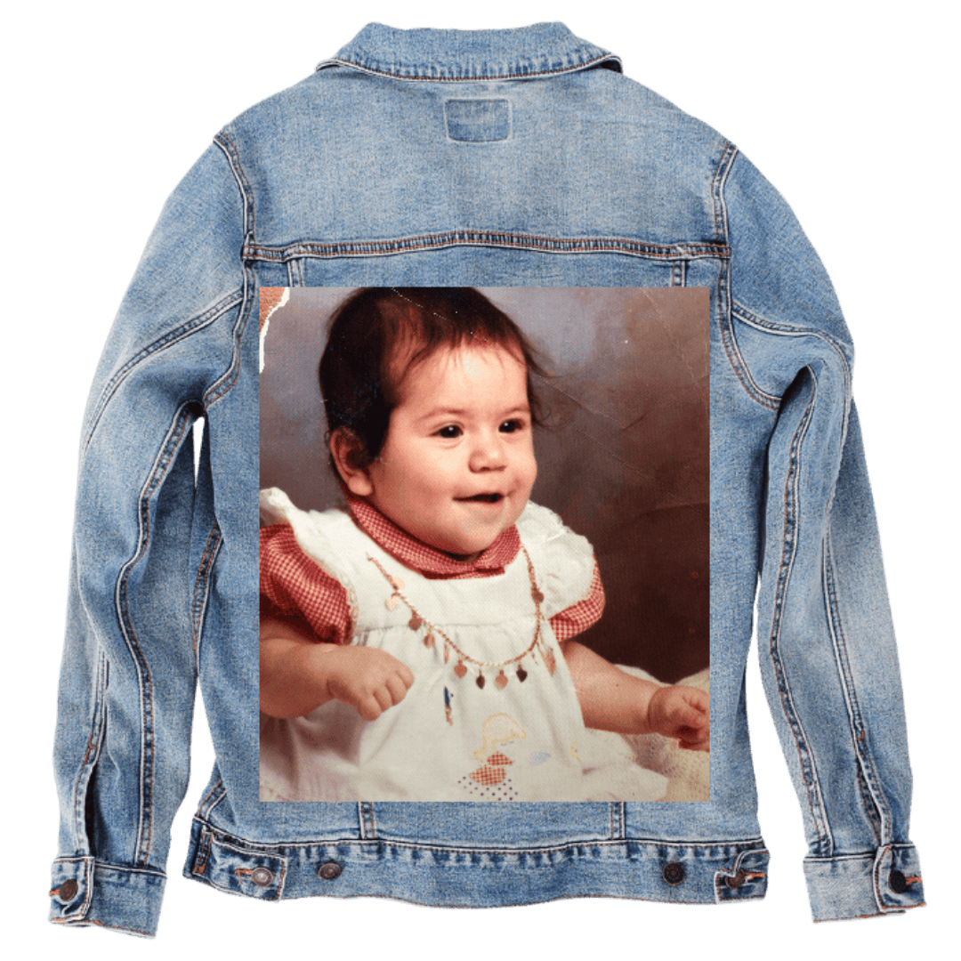 Custom Denim Jacket – Vintage Baby Portrait in White and Red Outfit – Customer Designed (hand - crafted) – 3 Color Choices custom denim jacket by DenimINK