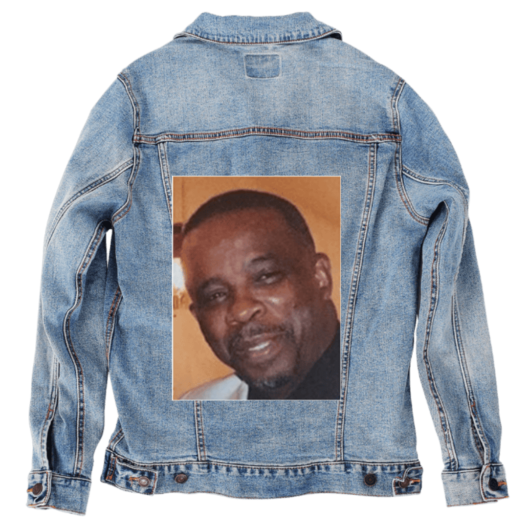 Custom Denim Jacket – Warm - Toned Portrait Photo with Close - Up Facial Expression Back Art – Customer Designed (hand - crafted) – 3 Color Choices custom denim jacket by DenimINK