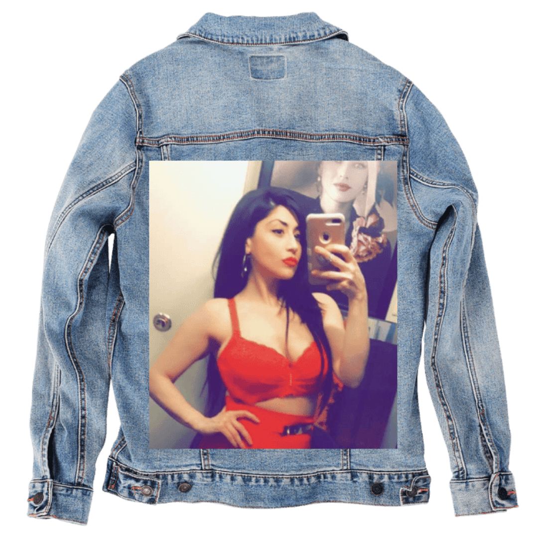 Custom Denim Jacket – Woman Taking Mirror Selfie in Red Outfit with Portrait Background – Customer Designed (hand - crafted) – 3 Color Choices custom denim jacket by DenimINK